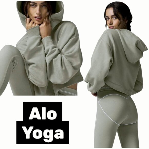 Alo Yoga Bae Cropped Hoodie Green Tone Soft French Terry Relaxed Fit Small - Picture 1 of 7